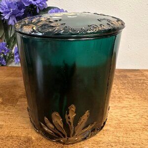 Victorian Teal Glass Jar Hand Painted Enamel Floral Lid Vintage Apothecary Canis